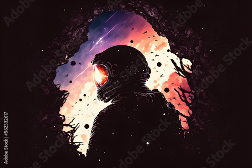 Silhouette of a futuristic astronaut looking out into outer space.
