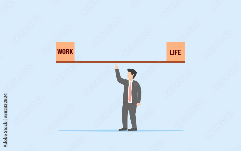 BUSINESSMAN TRYING TO BALANCE WORKING TIME AND TIME TO ENJOY LIFE. CONCEPT OF RESPONSIBILITY AND RIGHT