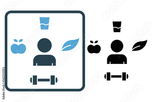 Healthy life style icon illustration. People, leaf, apple, drink. icon related to lifestyle. Solid icon style. Simple vector design editable