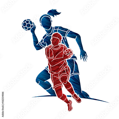 Handball Sport Male and Female Players Team Mix Action Cartoon Graphic Vector
