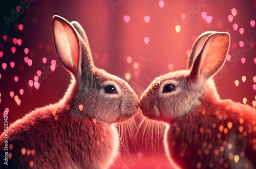 Two bunnies are kissing. Beautiful light, bokeh effect. Valentine's Day, love. Couple, relationship. Postcard, greeting card design. Generative AI. photo