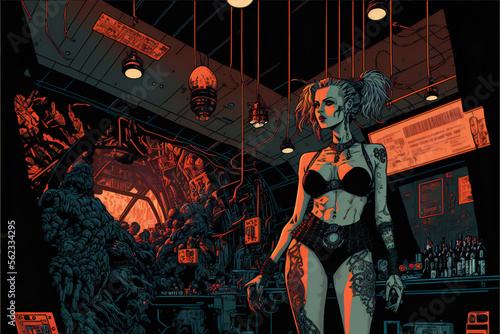 highly detailed graphic illustration of a moody urban cyberpunk interior scene with beautiful mysterious gritty woman rendered with generative ai in a bright, bold and colorful neo-noir manga style photo