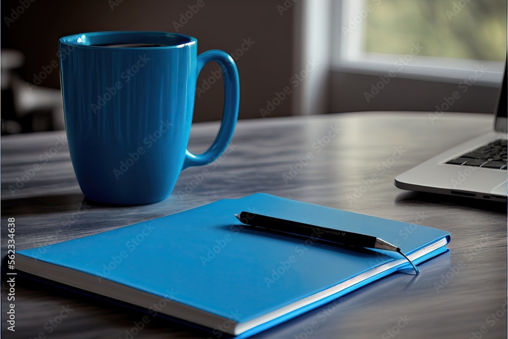 Notebook Mockup , Cup on table, window, laptop , Ai Generative Notebook Mockup , Cup on table, window, laptop , Ai Generative