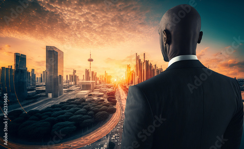 Businessman on technological cityscape background. Back view. Generative AI