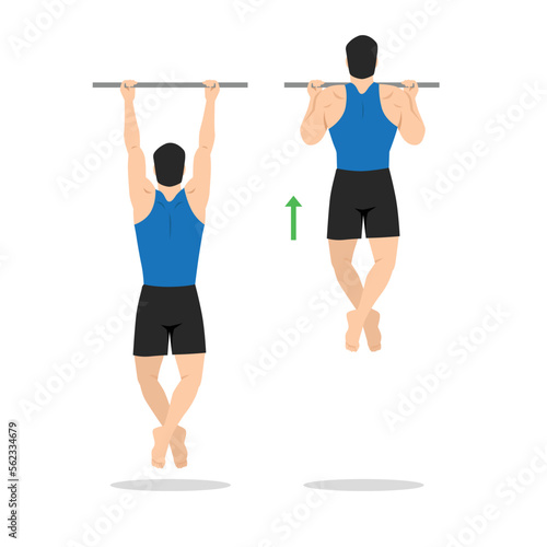 Man doing chin ups workout. Pull up with supinated lat pulldown reverse grip. Healthy and active lifestyle. Flat vector illustration isolated on white background