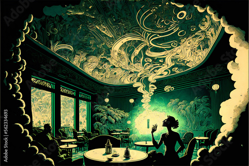 Moody underground Havana like speakeasy club & lounge with colorful style and atmosphere rendered with generative Ai in detailed graphic illustration style photo