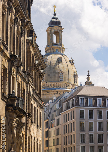 Dresden, Germany - June 28, 2022: The woman's church or Frauenkirche in the saxony capital. Landmark of Dresden, rebuilt icon of the city. Dome towers over the historic old town and shapes the skyline