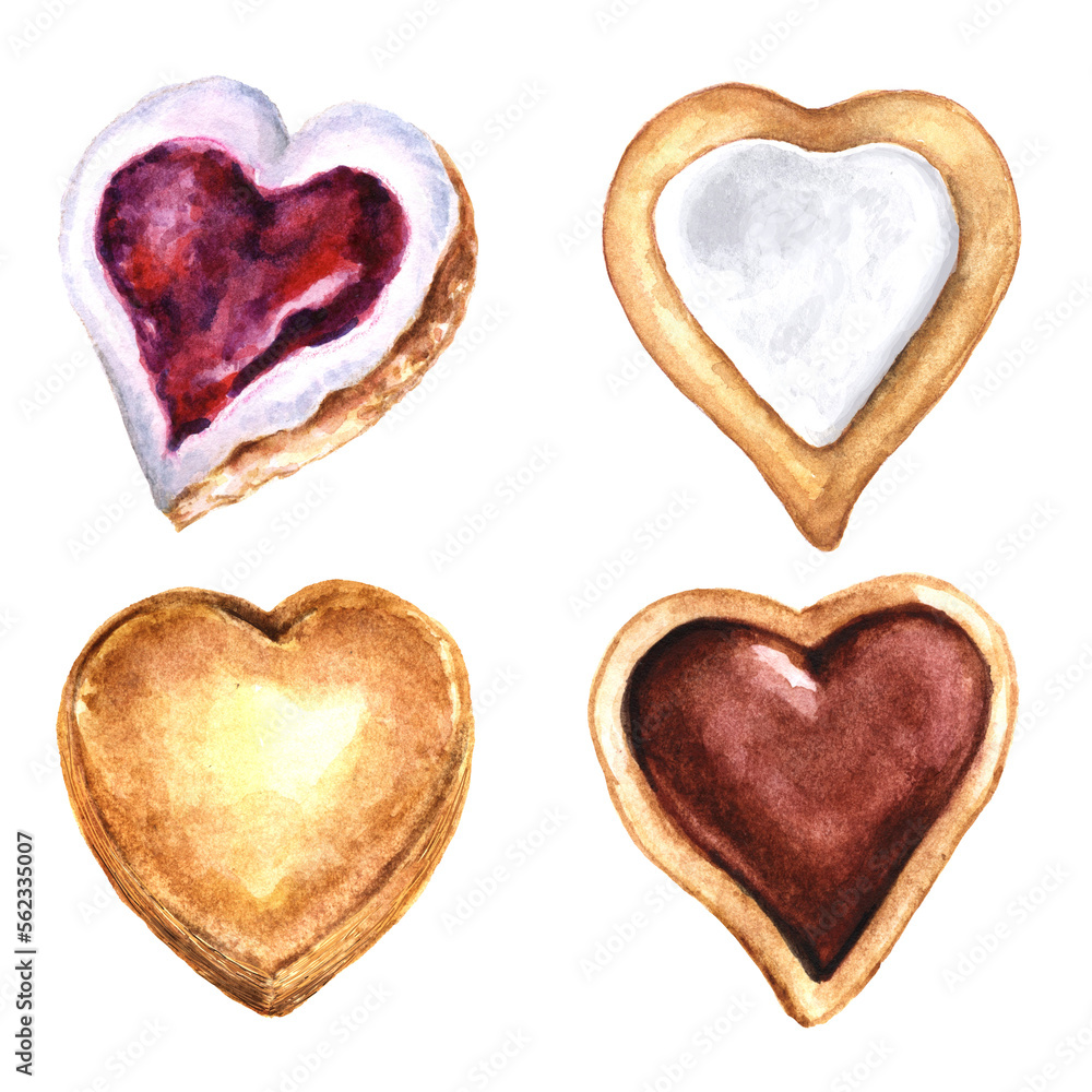 Set of watercolor heart shaped cookies for Valentine's day