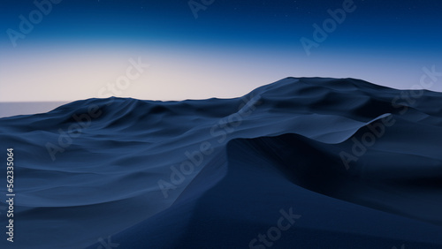Rolling Sand Dunes form a Surreal Desert Landscape. Dawn Background with Blue Gradient Starry Sky.