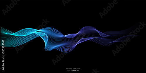 Vector abstract light lines wavy flowing dynamic in blue green colors isolated on black background for concept of AI technology, energy, electric, digital, 5G, science, music