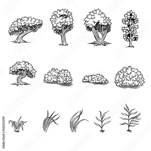 SET OF HAND DRAWN STYLISED TREES BUSHES AND GRASS
