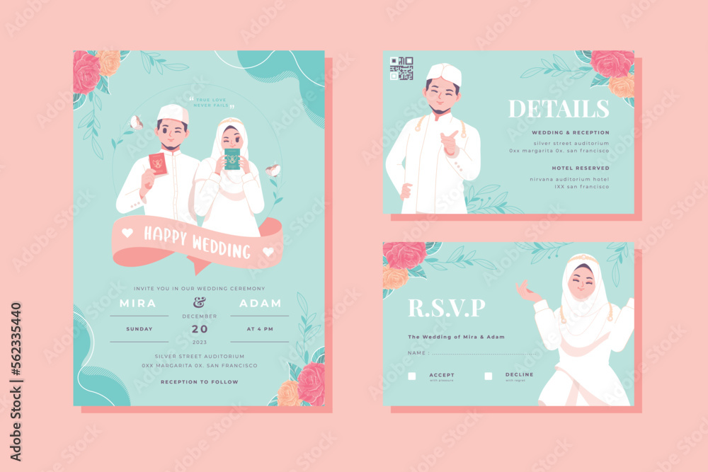 cute wedding invitation with islamic couple character template design