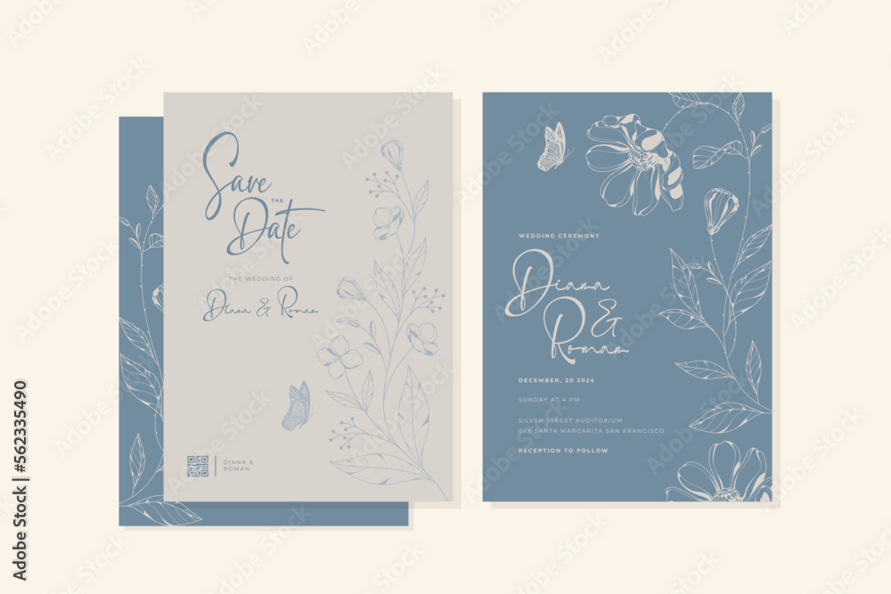 aesthetic wedding invitation with floral leaves template design