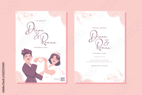 wedding invitation with cute couple character template design