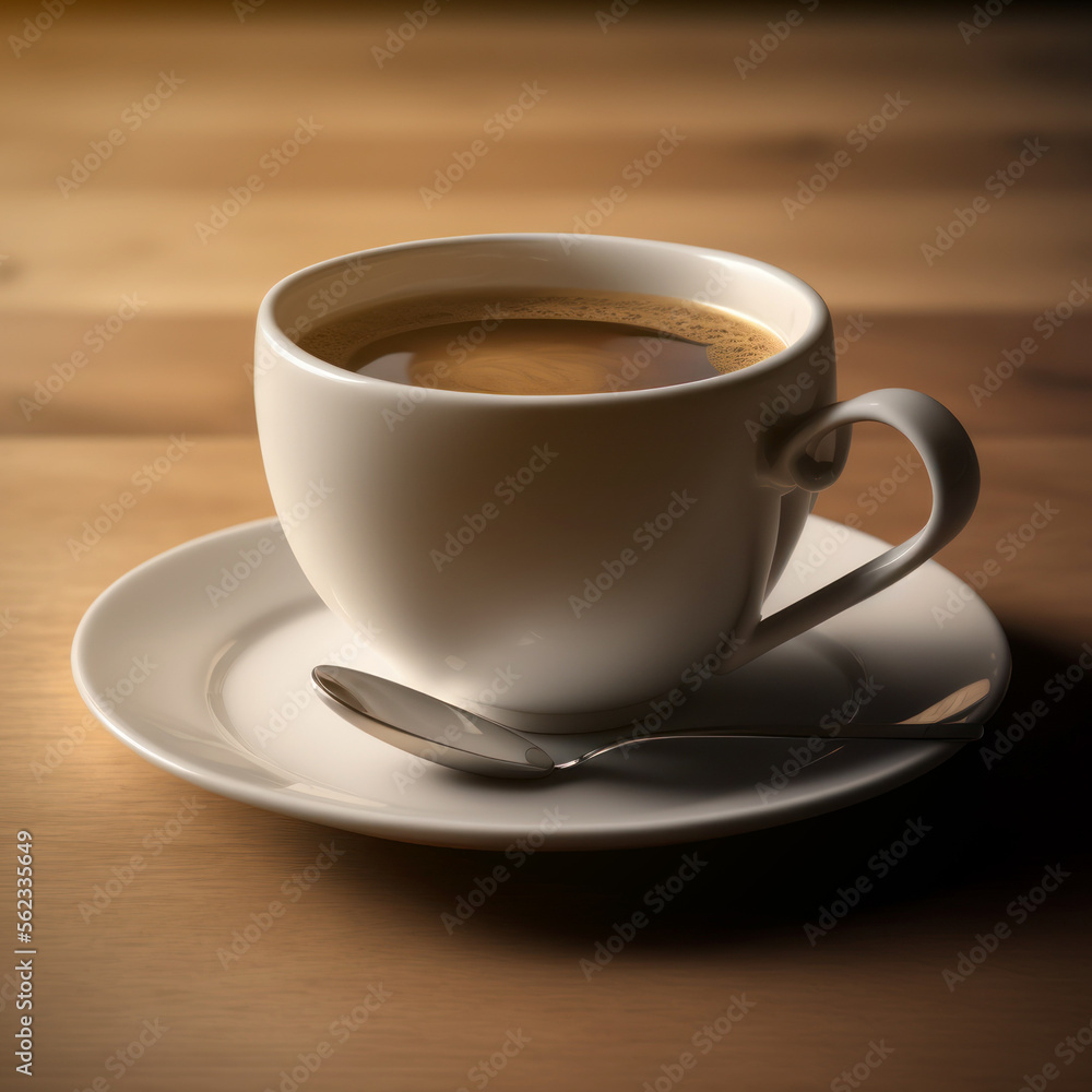 A white cup of hot coffee starting your day on table with sunrise in the morning background. Generative ai. A white cup of hot coffee starting your day on table with sunrise in the morning background. Generative ai.