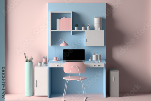 Pastel color tone minimal cozy home work space for work at home interior decoration inspire background. Graphic design illustration generative ai.