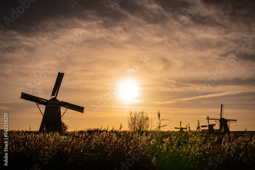 sunset silhouette of iconic windmills in Kinderdijk Netherlands. Landmark functional buildings originally made to pump flood water out of low land polder to preserve farm land reclaimed from the sea