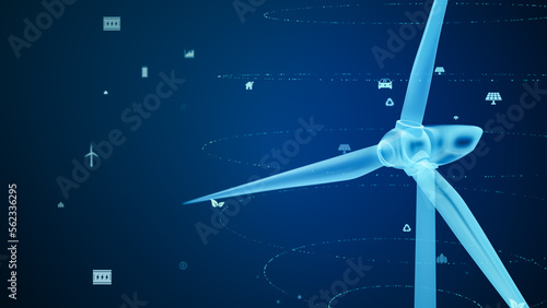 Wind turbine eco technology concept with green environment icon, renewable energy generate from alternative electric source, Innovative windmill sustainable development background 3D illustration