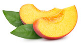 Peach fruit with leaf isolate. Peach slice, leaves on white. Peach clipping path. High End Retouching