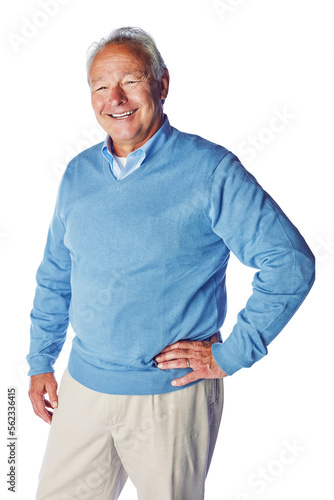 Happy, content and portrait of a senior man with a smile isolated on a white background in studio. Happiness, confident and retired elderly model with a pose in retirement on a studio background