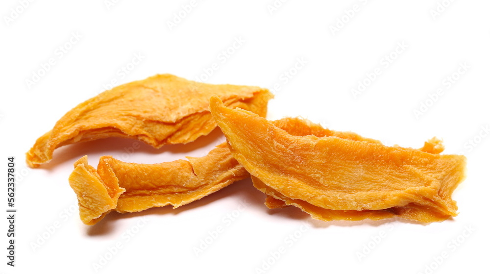Pile dried mango slices isolated on white, side view Pile dried mango slices isolated on white, side view