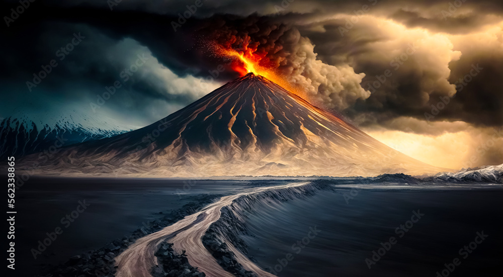 Eruption of the volcano with ash flow and molten lava. digital art	