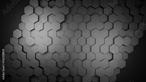 Hexagonal black background with metallic dark gray hexagons, abstract futuristic geometric backdrop or wallpaper with copy space for text