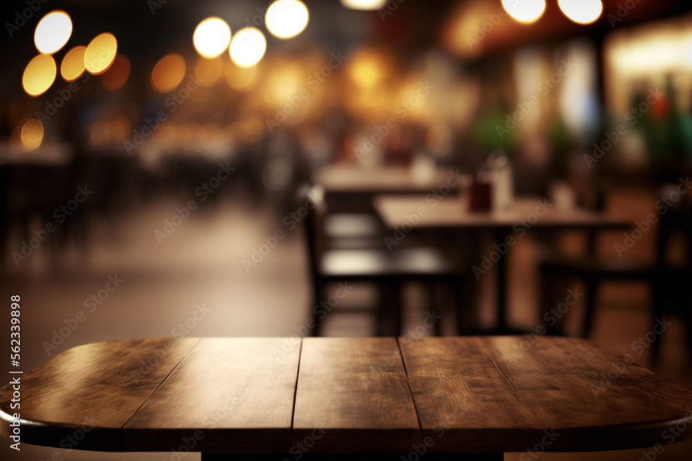 wooden table in a cafe, restaurant or bar, empty scene with bokeh lights background, copy space, Generative AI