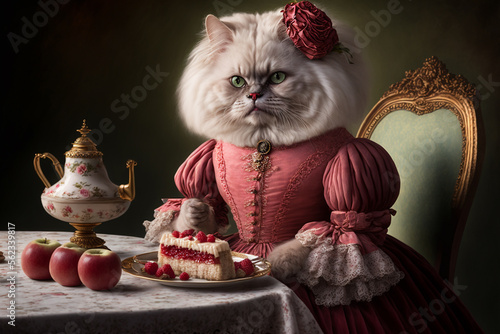 Wallpaper Mural noble looking persian cat in a historical dress at a fancy tea party, funny animal scene, generative AI Torontodigital.ca