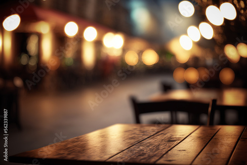 wooden table in a cafe, restaurant or bar, with a defocused city background, empty scene with bokeh lights background, copy space, Generative AI