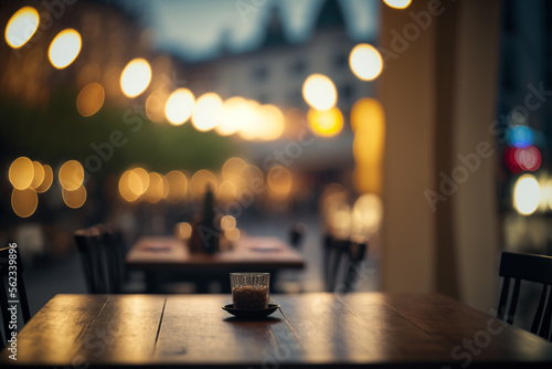 wooden table in a cafe, restaurant or bar, with a defocused old town background, empty scene with bokeh lights background, copy space, Generative AI