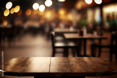 wooden table in a cafe, restaurant or bar, empty scene with bokeh lights background, copy space, Generative AI