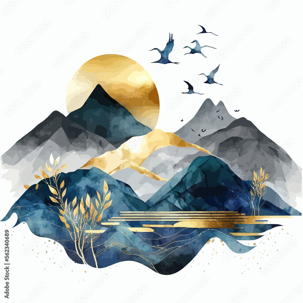 Abstract landscape mountain background. Traditional watercolor oriental, Japanese style. Vector illustration - obrazy, fototapety, plakaty 