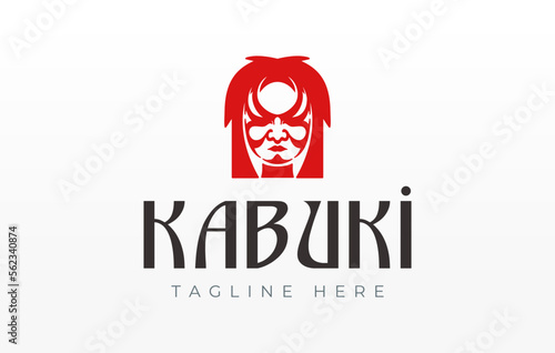 Japanese Kabuki Mask Logo Design. Red Kabuki Mask Vector Illustration.