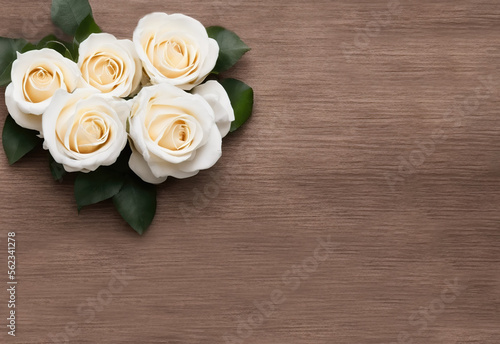 White flowers on rustic wooden table for greeting on Mother or Woman Day. Saint Valentines Day. Generative AI illustrations. © Marcela Ruty Romero