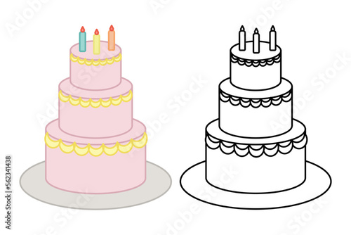 Coloring birthday cake with candles decorated flat