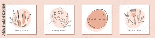 Beauty salon logos. Eyelash extension, makeup, hairdressing. Beautiful woman face, mascara brush, scissors and hair brush. Vector illustrations