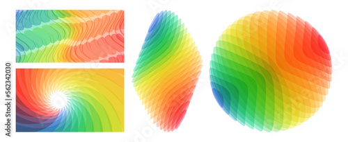 Spheres and rhombus. Abstract wavy background with dynamic effect. Rotation and swirling movement. Modern screen design for mobile app and web. Illustration made of various overlapping elements.