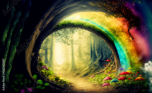 Magical fantasy fairytale forest with rainbow. digital art 