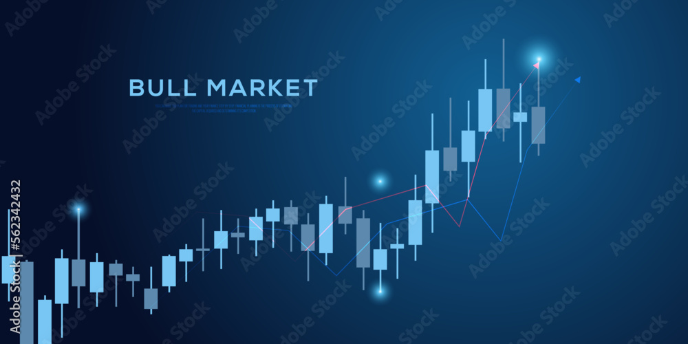bull Stock market trending and forex technical trade concept design, financialcandle stick graph chart of stock market investment trading on blue background design.