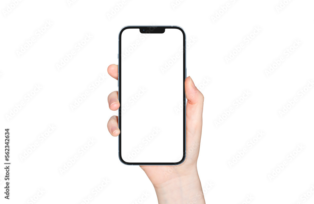 PARIS - France - April 28, 2022: Newly released Apple Smartphone Iphone 13 pro max realistic 3d rendering - Sierra Blue color screen mockup - Woman hand holding smartphone on white background - obrazy, fototapety, plakaty 