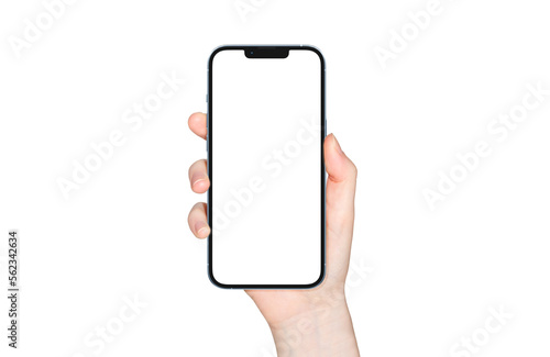 PARIS - France - April 28, 2022: Newly released Apple Smartphone Iphone 13 pro max realistic 3d rendering - Sierra Blue color screen mockup - Woman hand holding smartphone on white background