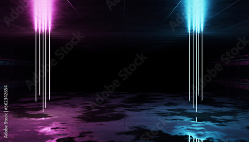 Fototapeta Naklejka Na Ścianę i Meble -  Futuristic blue and pink neon lights interior. Cyber neon laser tubes in garage room hangar. Sci fi dark tunnel warehouse with metal panels wall lighted. Construction corridor 3d Rendering
