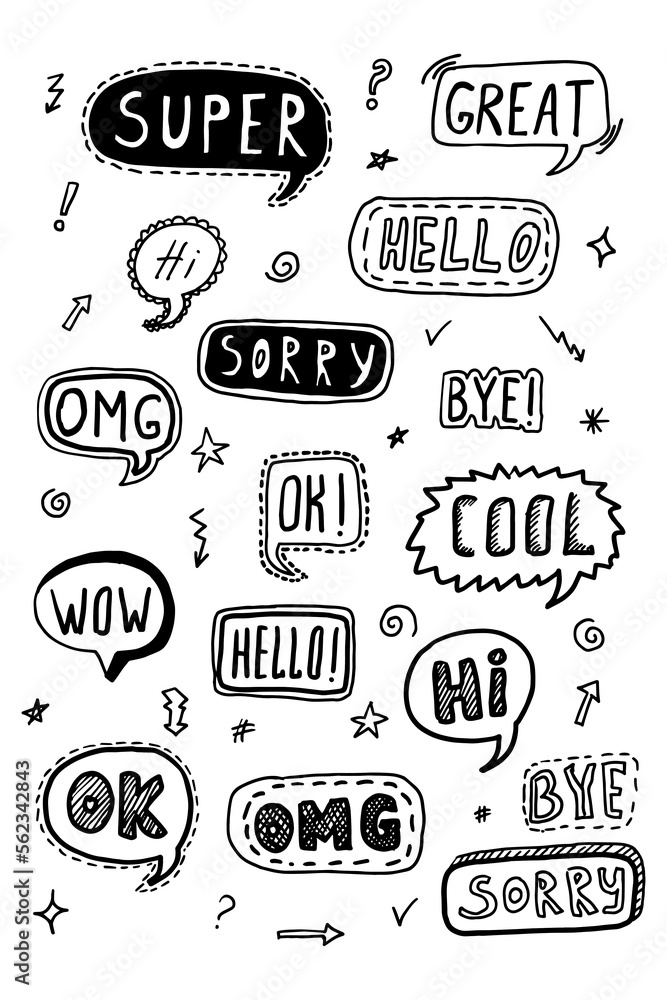 Hand drawn set of speech bubbles with dialog words Hello, omg, Bye, Hi. Vector illustration. Hand drawn set of speech bubbles with dialog words Hello, omg, Bye, Hi. Vector illustration.