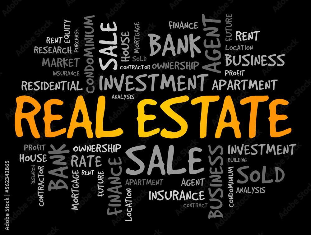 Real estate - form of real property, land along with any permanent improvements attached to the land, including water, trees, minerals, buildings, homes, fences, and bridges, word cloud concept