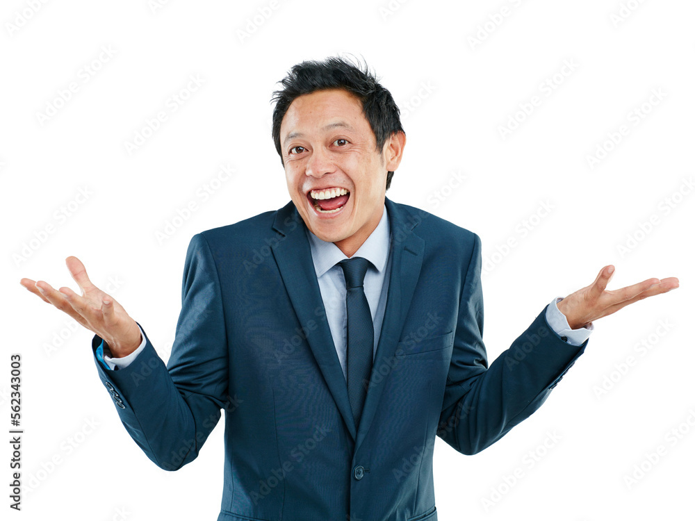 Portrait, shrug and excited with a business asian man in studio isolated on a white background for promotion. Comic, success and motivation with a male employee shrugging his shoulders on blank space Portrait, shrug and excited with a business asian man in studio isolated on a white background for promotion. Comic, success and motivation with a male employee shrugging his shoulders on blank space