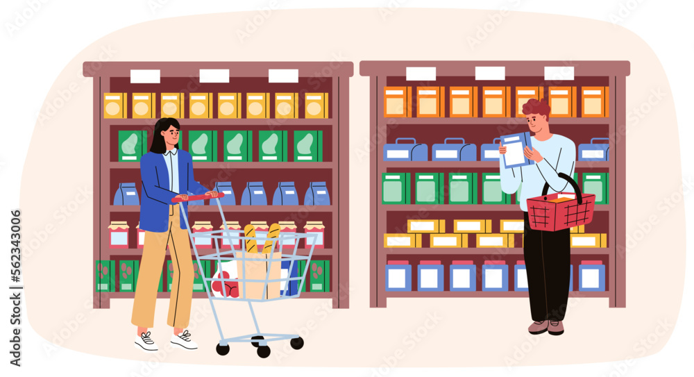 Man and woman shopping in supermarket. Choosing products in the grocery store. Shopping cart. Flat vector illustration.