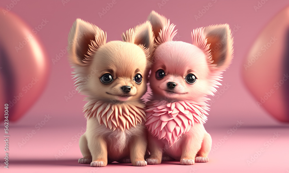 Two cute dogs in love on pink empty background. Puppys celebrating Valentine’s Day. Pets close to eachother in cartoon style. Fictitious generative Ai Two cute dogs in love on pink empty background. Puppys celebrating Valentine’s Day. Pets close to eachother in cartoon style. Fictitious generative Ai