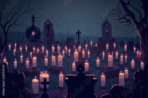 Drawn art style spooky graveyard with several tombstones covered with moss and vines, meanwhile mystical fog fills the air with flying bats