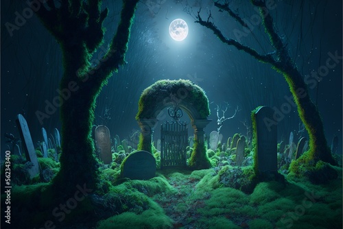 Spooky graveyard with several tombstones covered with moss and vines, meanwhile mystical blueish glowing fog fills the air, in the full moon